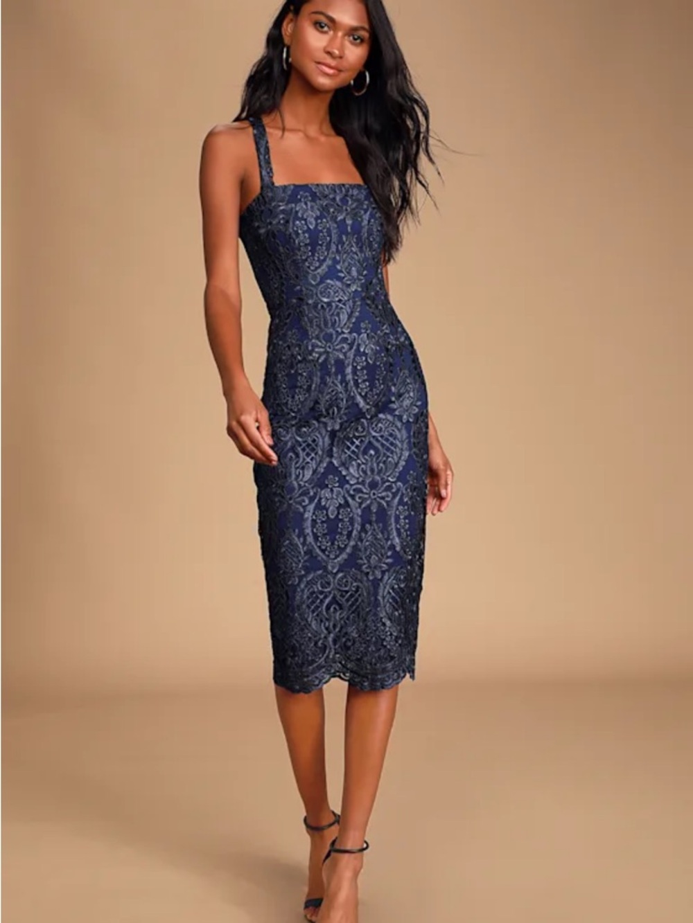 Lulus Love of Lace Navy Blue Lace Midi Dress size small NWT